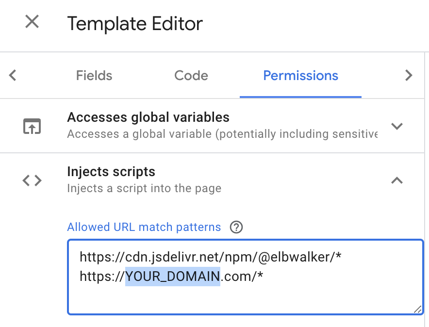 walkerOS GTM Tag Template load Self-hosted Permissions