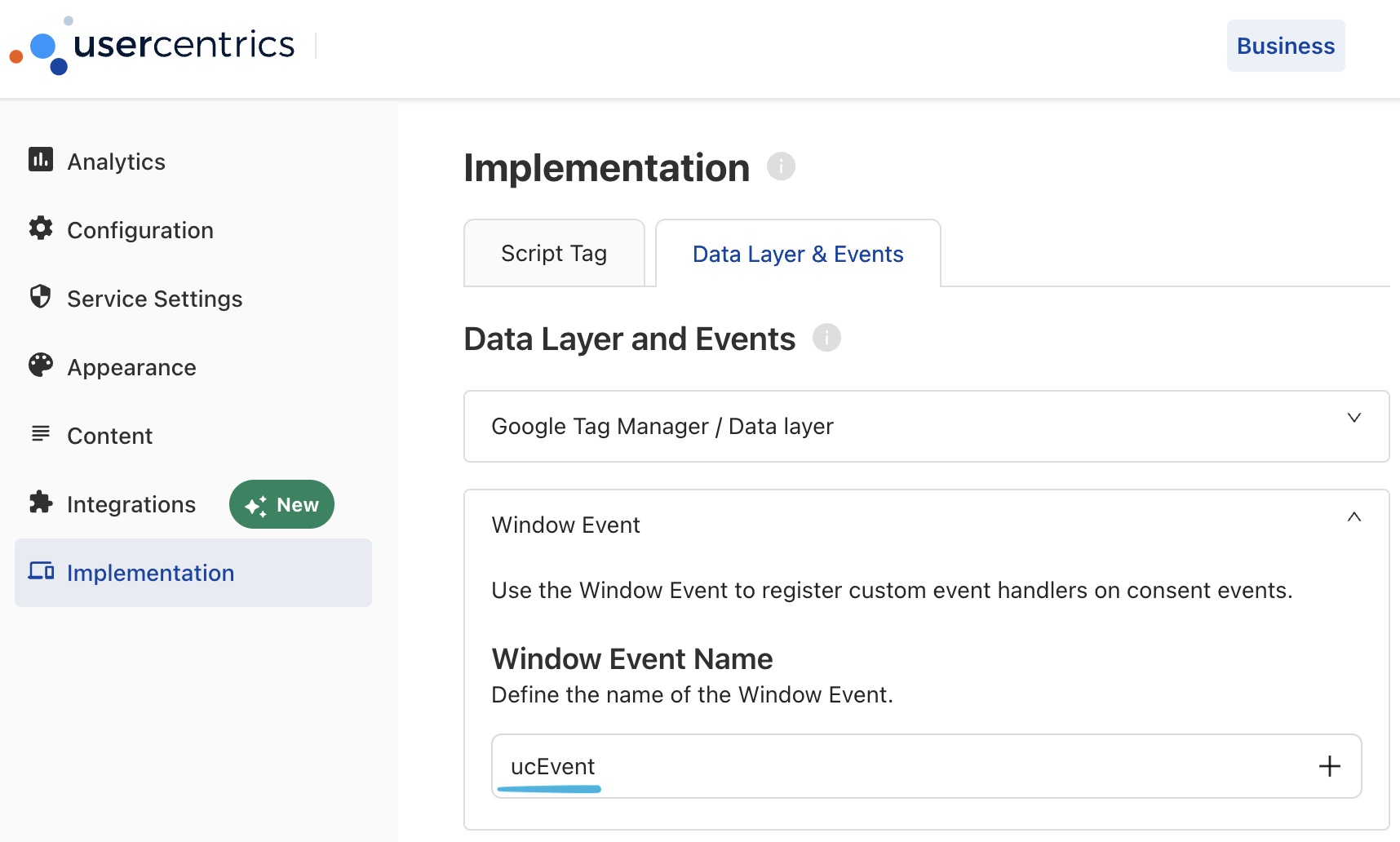 Usercentrics window event implementation